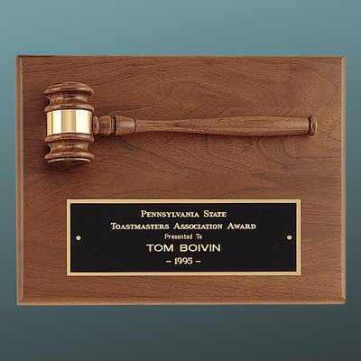 Solid Walnut Gavel Plaque with Banded Walnut Gavel with Black Brass Plate , 9"x12"
