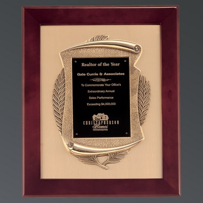 Rosewood Piano Finish Plaque, Black Plate w/Scroll on Brushed Gold Background, 14"x17"
