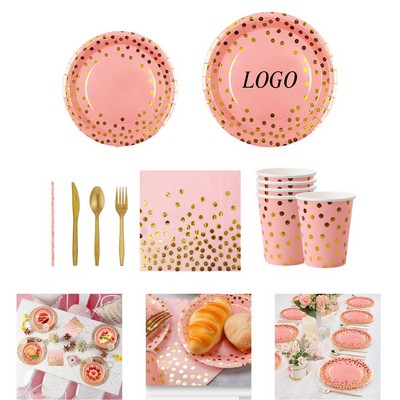 8-Piece Pink Gold Dot Birthday Party Set for 10 People Disposable Tableware