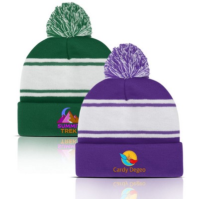 Two Tone Knit Pom Cuff Beanie