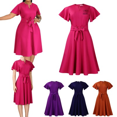 Summer Solid Color Tie-Waist Plus Size Dress
