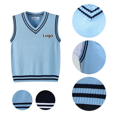 School Uniform V Neck Ribbed Knited Pullover Sweater Vest