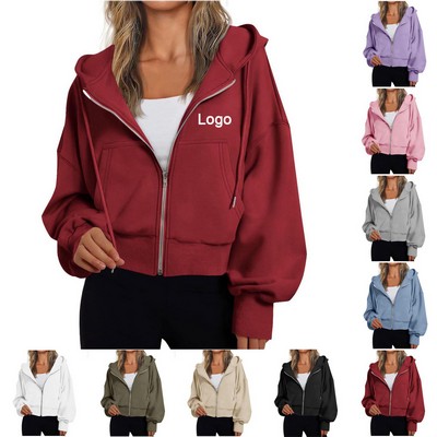 Trendy Queen Women Full Zip Cropped Hoodie
