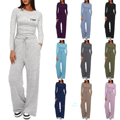 Custom Women Wide Leg Pants Long Sleeve Shirt 2pcs Lounge Set