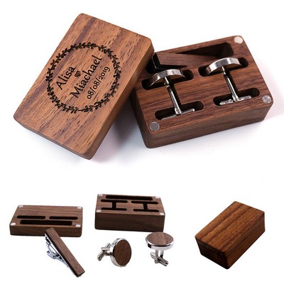 Wooden Cufflinks & Tie Clip Set with Storage Box – Formal Men's Accessory Set