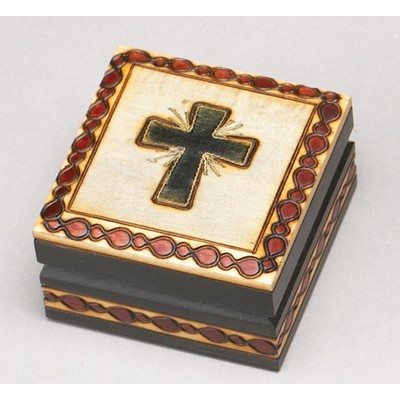 Wood Rosary Box w/Cross & Border (2 3/4"x2 3/4"x1 5/8")