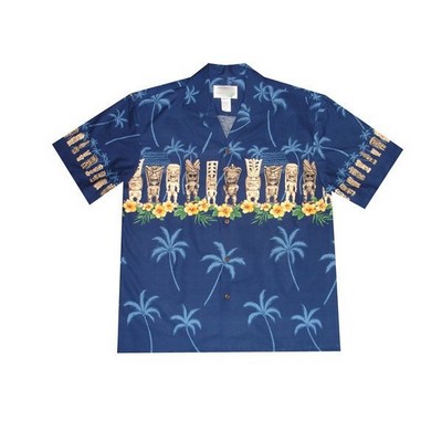 Navy Hawaiian Shirt - 100% Cotton Poplin Tropical Print w/ Coconut Buttons (S - 3XL in-stock)