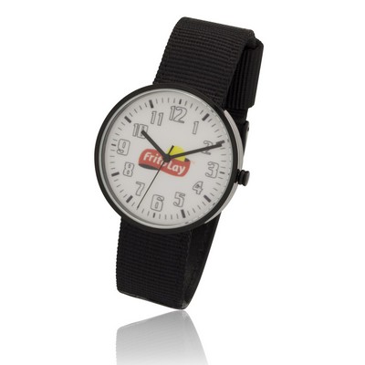 1.55" Round Screen Watch with Polished Black Case, Black Nylon & Leather Straps.
