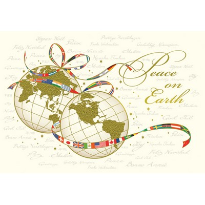 Two Globes w/World Flags Ribbon Holiday Card