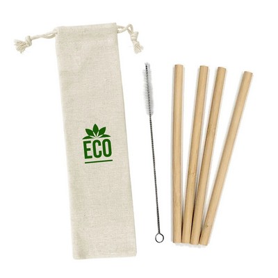 Bamboo Straws/brush Set In Cotton Pouch
