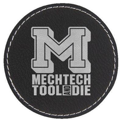Round Engraved Patch with Adhesive, Black Faux Leather, 3" diameter