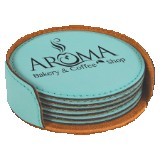 4" Teal Round Leatherette 6-Coaster Set