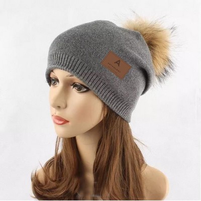 Winter Cashmere Wool Knit Beanie Pom Hat w/Real Fur