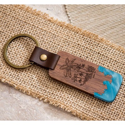 Premium Rectangle Wood Keychain w/ Leather Strap