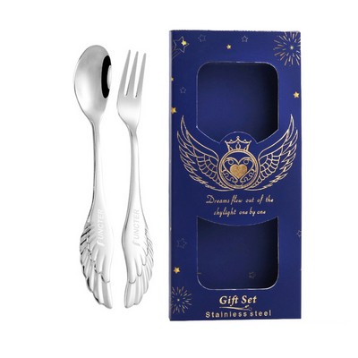 Silver Angel Wing Spoon Fork Flatware Set Tableware Blue Gift Box Set of 2