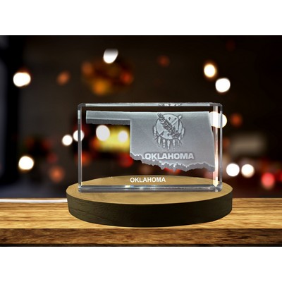 Oklahoma Map 3D Engraved Crystal Trophy Award w/LED Base - Recognition Gift