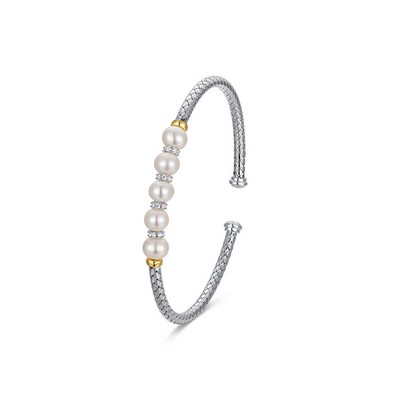 Charles Garnier Sterling Silver "New Mesh" Genuine Pearl & CZ Cuff Bangle -Silver and Gold