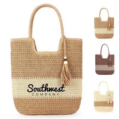 Eco-Friendly Jute Straw Beach Tote Bag with Rattan Shoulder Strap