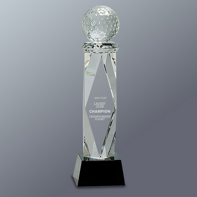 Crystal Golf Ball on Facet Column with Black Crystal Base, 3"x10-3/4"