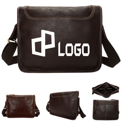 Men'S Leather Messenger Bag W/ Multiple Pockets