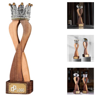Crystal Crown And Wood Base Tropy