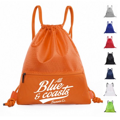 Zippered Drawstring Backpack with Front Pocket