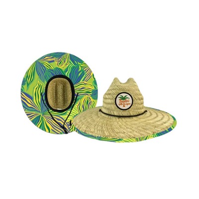 Domestic Yellow Flowers Print Straw Hat w/Custom Patch