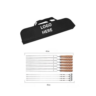 10Pcs Stainless Steel Barbecue Set W/ Barbecue Fork&Stick