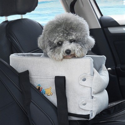 Center Console Dog Car Seat for Small Dogs and Puppies, with Safety Strap and Cushion