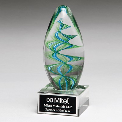 Blue/Green Helix Egg-Shaped Art Glass on Clear Base, 6-1/2"H