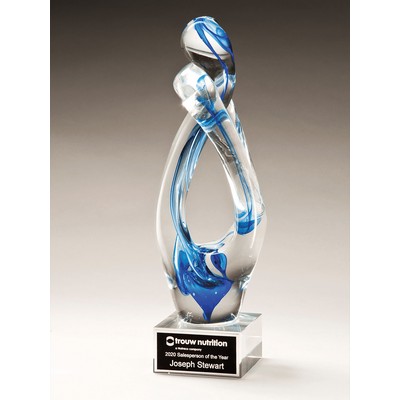 Contemporary Art Glass with Blue Accent on Clear Base, 12"H