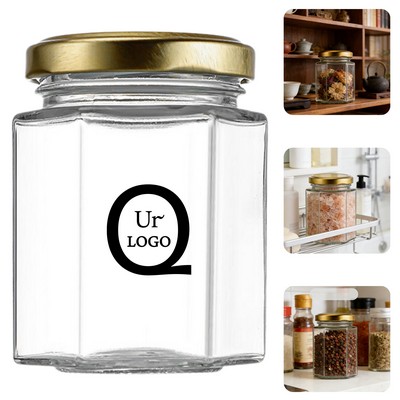 Hexagonal Glass Jar W/ Gold Lid