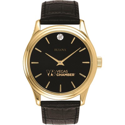 Bulova Men's Black Leather Strap Watch with Black Diamond Dial