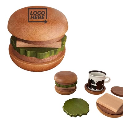 Magnetic Wood Hamburger Coaster Set w/6-Piece Stackable