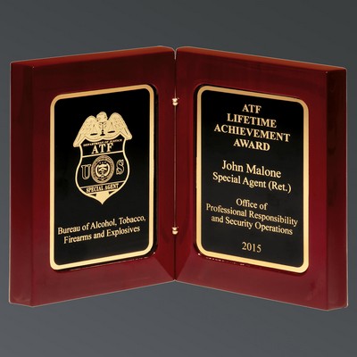 Rosewood Piano Finish Book Plaque with Two Black Brass Engraving Plates, 4-1/4"x5-3/8"H