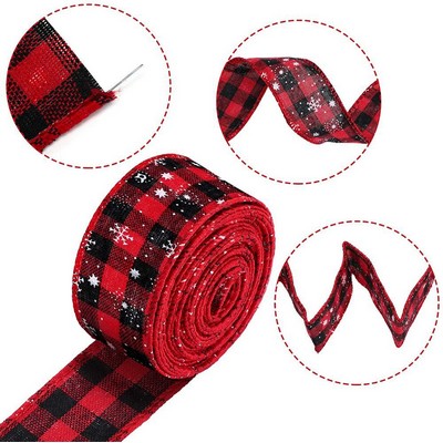 Christmas Red and Black Plaid Ribbon Snowflake Printed Bow Decorative Faux Burlap Ribbon