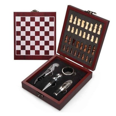 Luxury Velvet-Lined Black Wooden Box Wine and Chess Gift Set