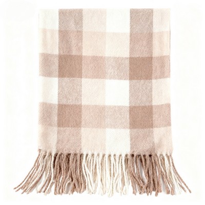 Korean Minimalist Faux Cashmere Plaid Scarf with Fringe