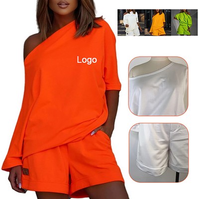 Women's Loose Off Shoulder Irregular Sleeve Oversized Pullover Shorts Outfits Tracksuit