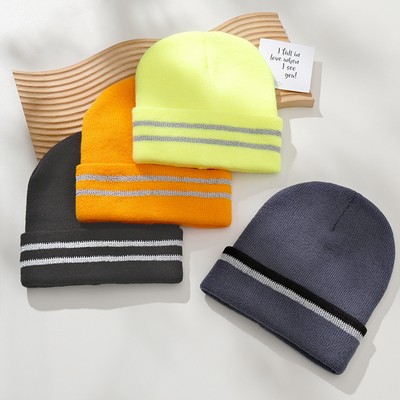 Reflective Double Stripes Unisex Adult Knit Cuffed Beanie Hat