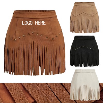Women's Retro Fringe & Studded Suede-Look A-Line Skirt
