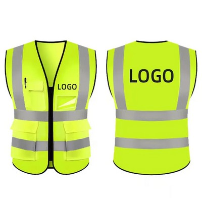 High Visibility Reflective Safety Vest with Pockets and Zipper