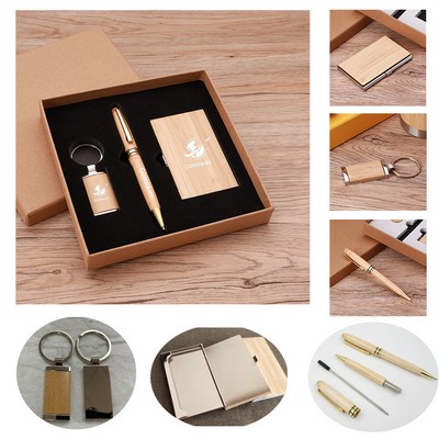 Bamboo Wood Gift Set with Keychain Ballpoint Pen Business Card