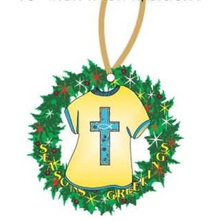 Blue Cross T-Shirt Promotional Wreath Ornament w/ Black Back (4 Square Inch)