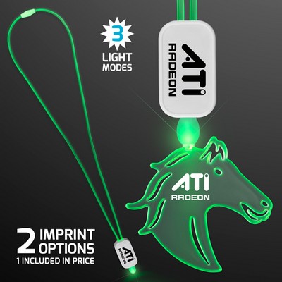 Neon Look Green Light Up Lanyard Necklace with Acrylic Horse Pendant - PRINTED