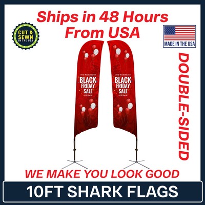 10' Shark Flag - Double-Sided W/Chrome X Base - Made in the USA