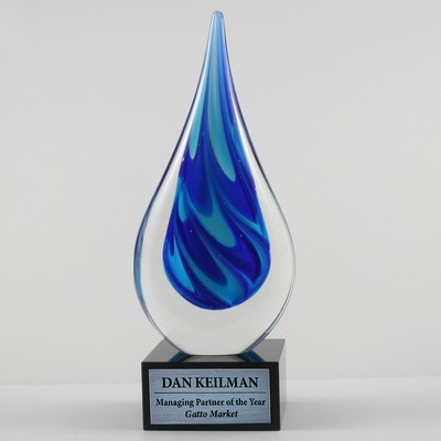 Blue Swirl Teardrop Art Glass Award with Black Glass Base