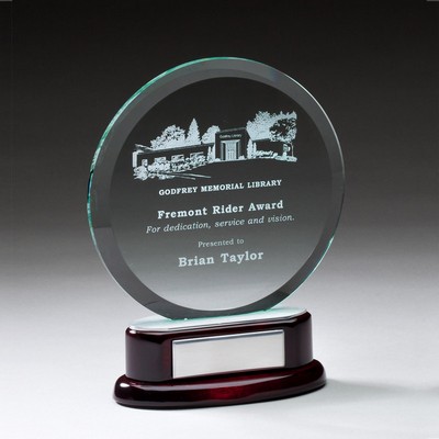 7 ¾" Round Beveled Glass Award w/Rosewood Base & Silver Plate