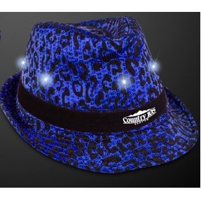 Blue Leopard Print Sequin LED Fedora w/Black Silk Screened Band