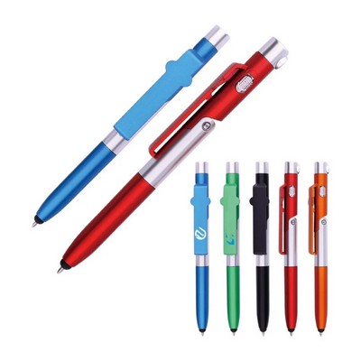 Plastic Ball Pen With LED Light Phone Stand And Touch End